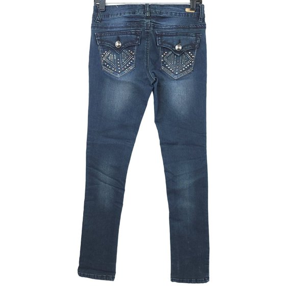 Red Camel Skinny Jeans Women Juniors Sz 7 Stretch Dark Wash Denim Low Rise Studs - Picture 2 of 14